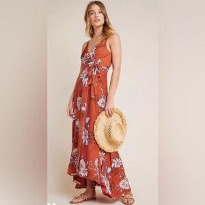 Feminine Hutch Palmetto Orange Floral Sleeveless Maxi Wrap Dress Wedding Guest